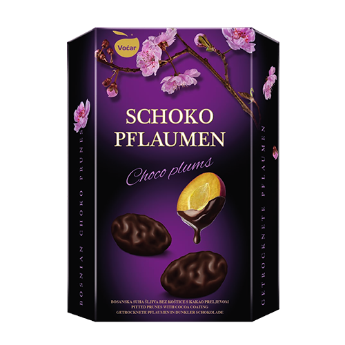 Dried pitted plums with chocolate 200 g, packaging 10 pieces/cardbord -  Voćar Ltd.